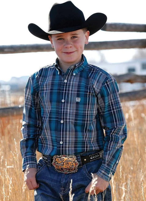 Boys Cinch Blue Teal Plaid Button-Down Shirt
