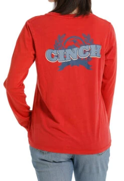 Ladies Cinch Logo Red Tee Long Sleeve