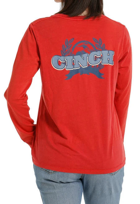 Ladies Cinch Logo Red Tee Long Sleeve
